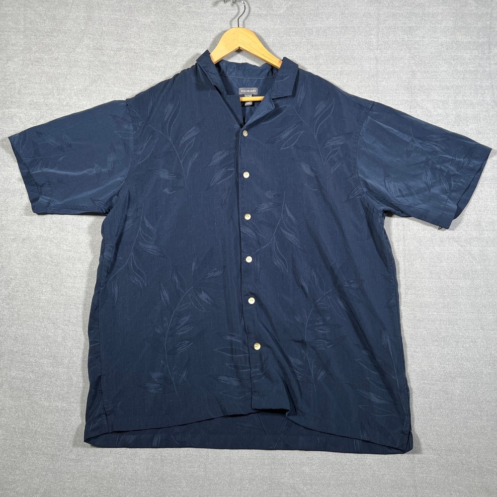 Van Heusen Camp Shirt Leaf Print Short Sleeve Button Up Mens XL Blue Polyester